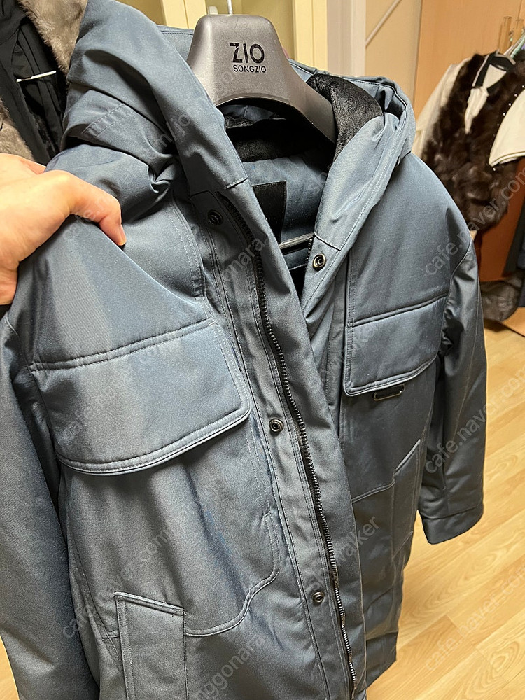 지오송지오 구스다운 블루그레이 집업 후드 패딩 점퍼 롱패딩--5