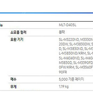 삼성 정품 토너 MLT-D405L 검정 대용량 SL-M3220ND 1개