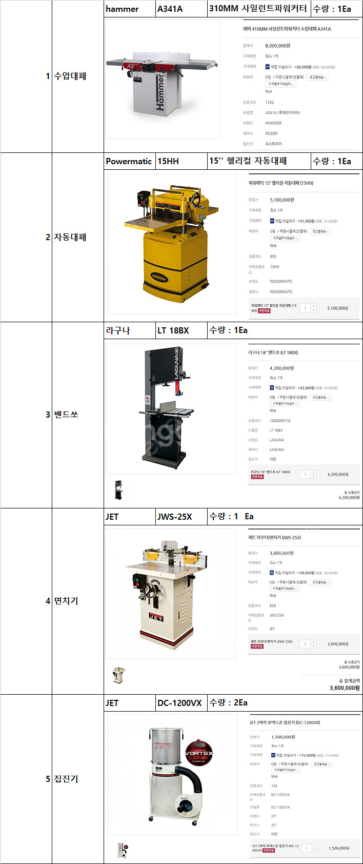 자동대패, 수압대패, 면취기(라우터 테이블), 밴드쏘,...--0