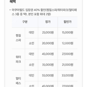 아쿠아필드 입장권 40% 할인(찜질스파/워터파크/멀티패스 3종 중 택1)