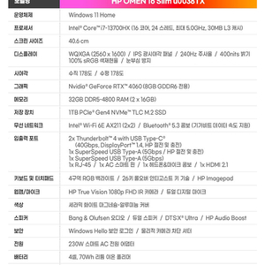 HP 오멘16 슬림 (4060•i7•게이밍 노트북•16-u0038TX) 팝니다.