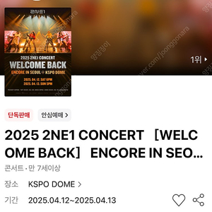 2ne1 투애니원 4/12(토) 4/13(일) 1층 양도