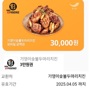 기영이 숯불 두마리 치킨 30000원 금액권