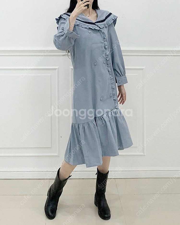 [미착용/새상품] 세일러 빅카라 배색 더블버튼 프릴 미디 롱 원피스 하객룩--3