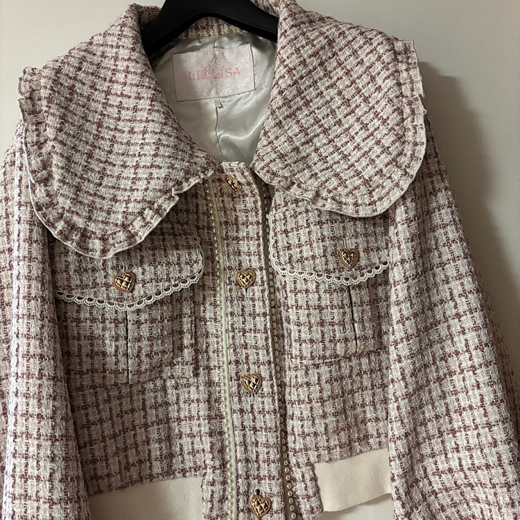 리즈리사 핑크 트위드 하트 리본 코르셋 프릴카라 자켓 양산형지뢰계 139000원--2