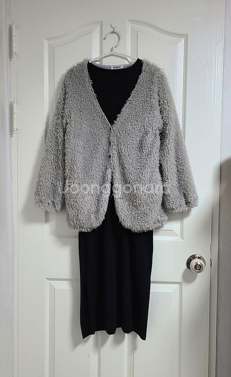 wish list 퍼 가디건+Mollygo 울 원단 반팔 롱 원피스 투피스 코디세트--1