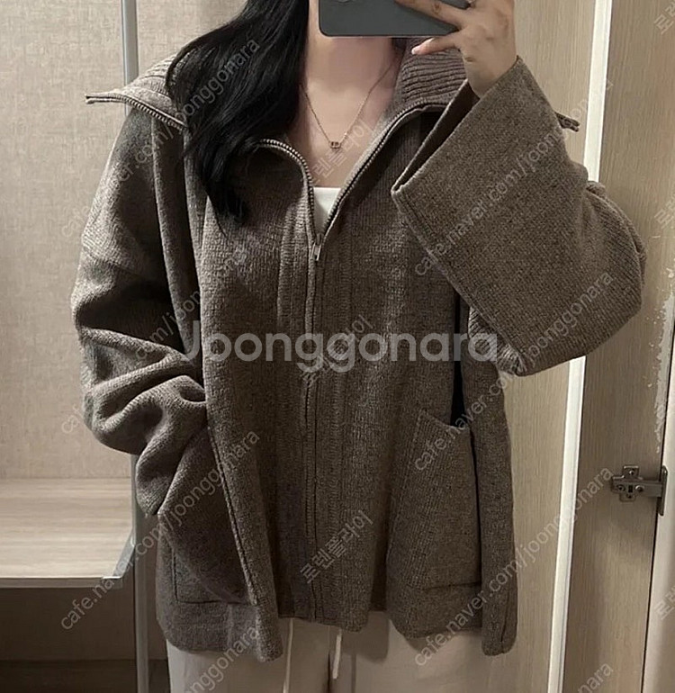 새상품)[울함유/박시핏]고퀄 카라 니트 집업 가디건 브라운--0