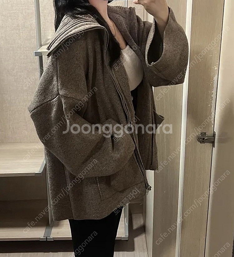 새상품)[울함유/박시핏]고퀄 카라 니트 집업 가디건 브라운--2