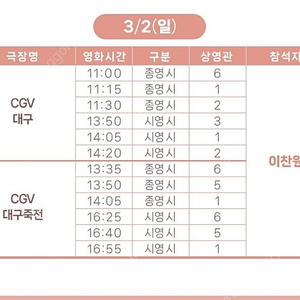 3/2 이찬원 무대인사 11:15 B열 중블 통로 2연석 대구 B