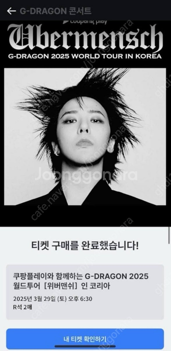 지디 지드래곤 GD 위버맨쉬 3월29일공연 R석 2연석...--0