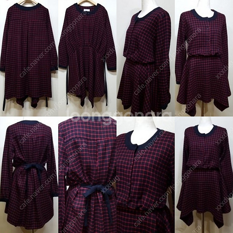 체크 리본끈 플레어 모직원피스--0