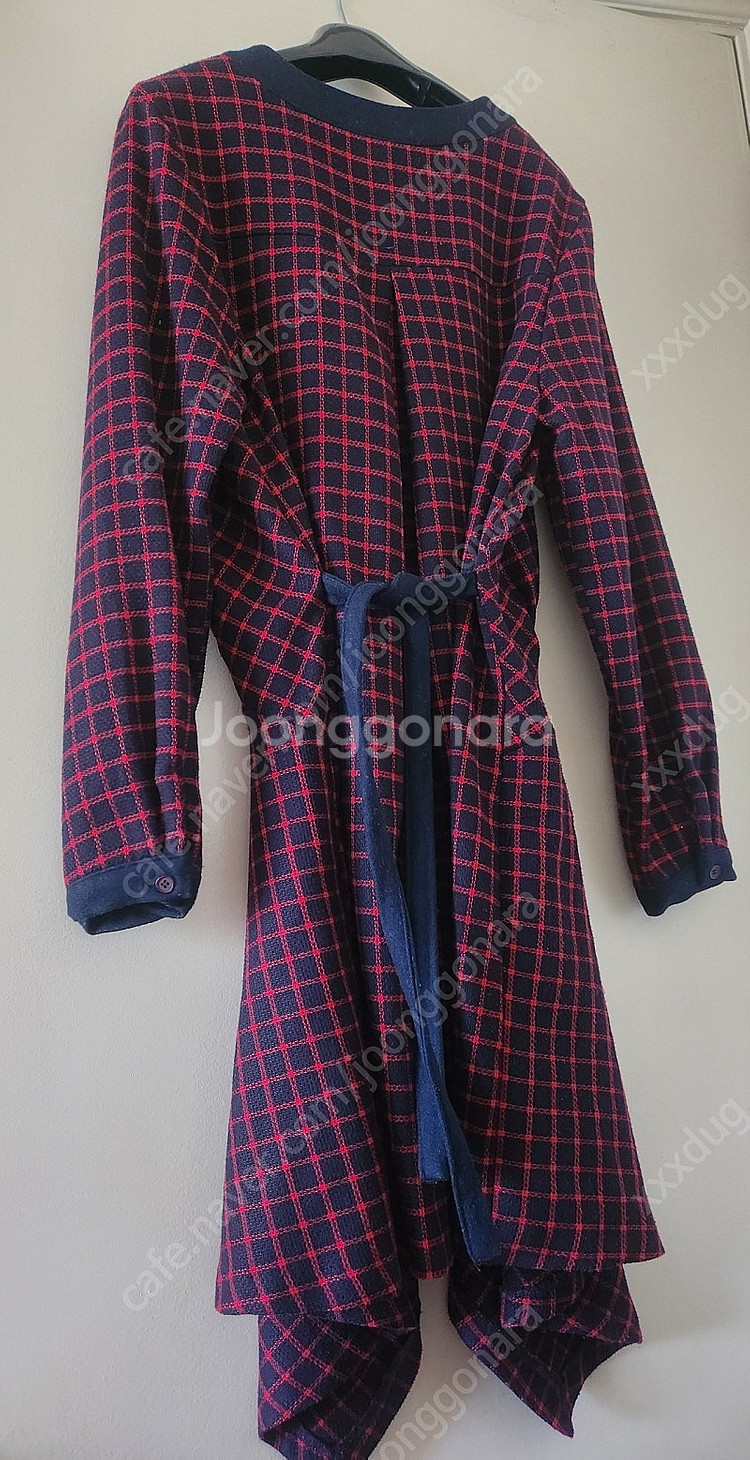 체크 리본끈 플레어 모직원피스--2