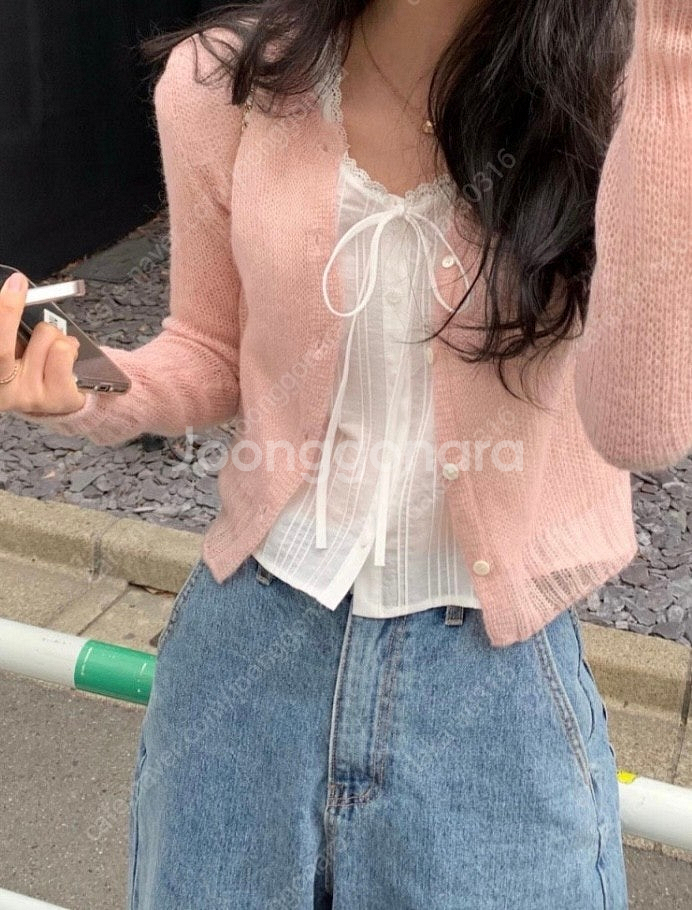 르플레인 핑크 모헤어가디건 미개봉 새상품 판매--2