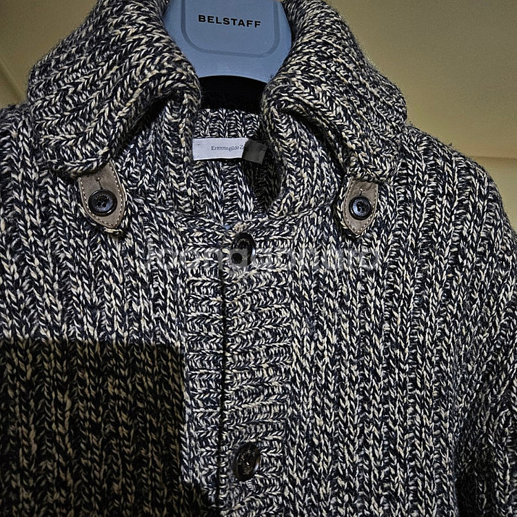 에르메네질도 제냐 / 울 캐시미어 가죽 디테일 헤비게이지 가디건 / 48(100)--1