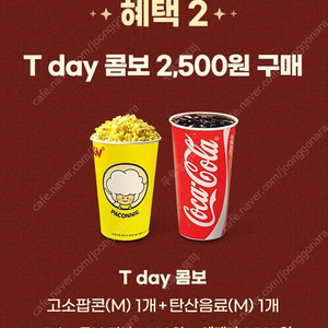 CGV T day 콤보(팝콘 +음료) 2,500원 구매쿠폰>300원 /쉑쉑 쉐이크쉑 30% 할인>200원