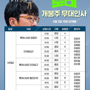 로비 무대인사 6일 월드타워, 건대입구 B열 양도합니다