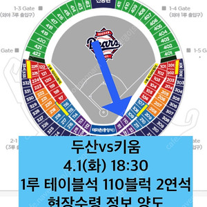 4/1(화) 18:30 | 두산vs키움 1루 테이블석 110블럭 2연석