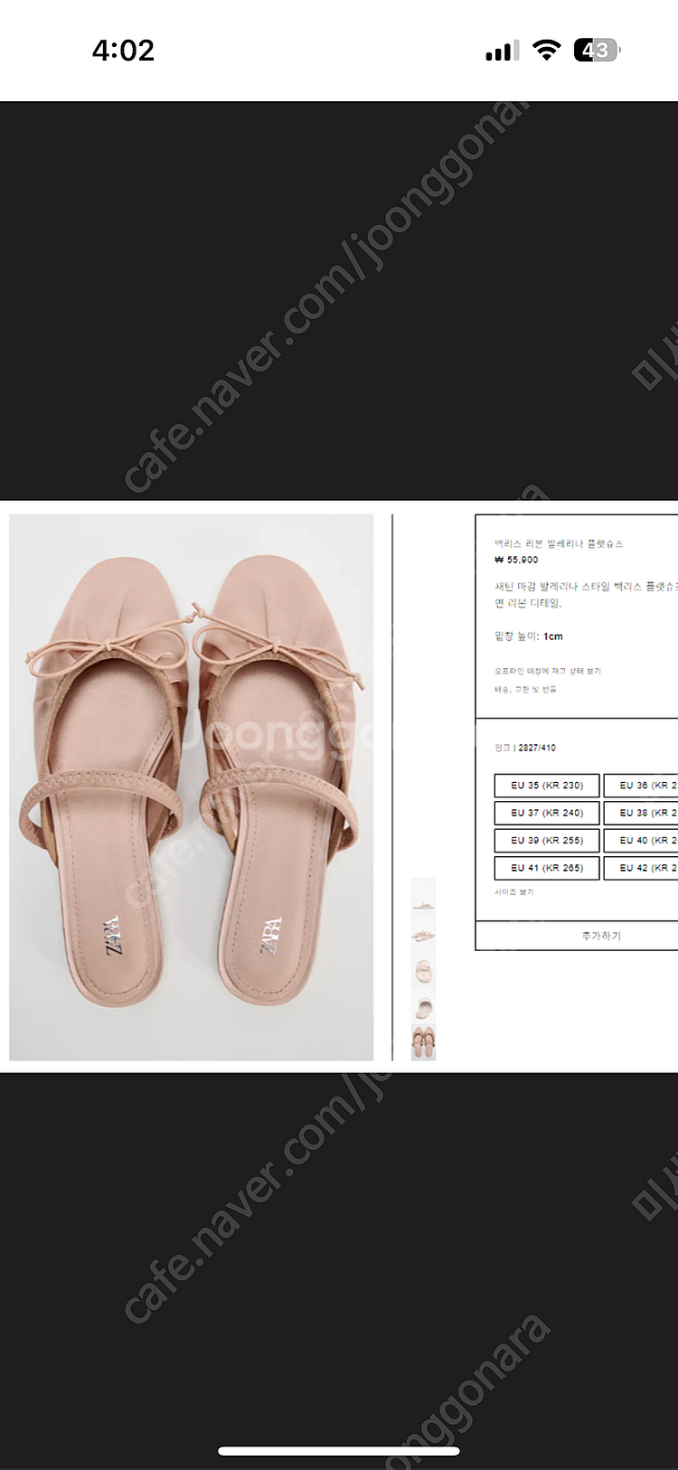Zara 백리스 리본발레리나 플랫슈즈 240 삽니다.--0
