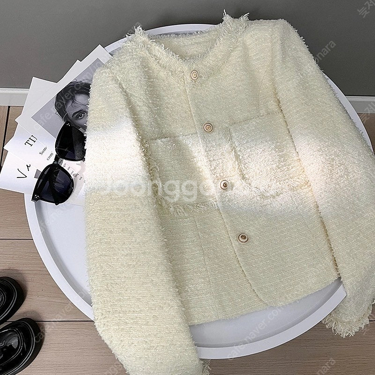 [새상품] 고급 프린지 트위드 아이보리 화이트 크롭 자...--0
