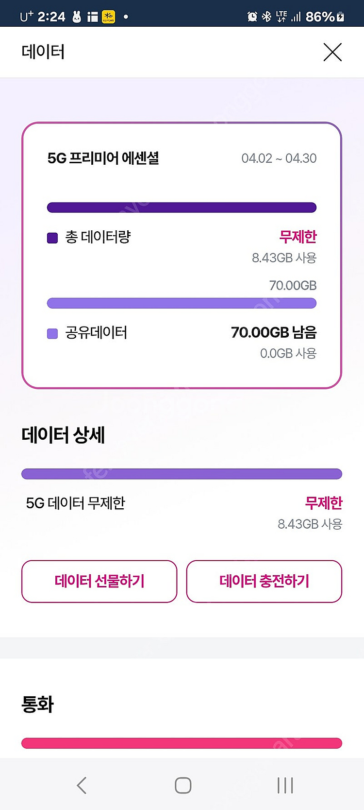LGU+ 데이터 2기가 2500원에 팜니다--0