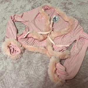 빈티지 갸루 핑크 퍼 볼레로 가디건 리본 발레코어 리즈리사