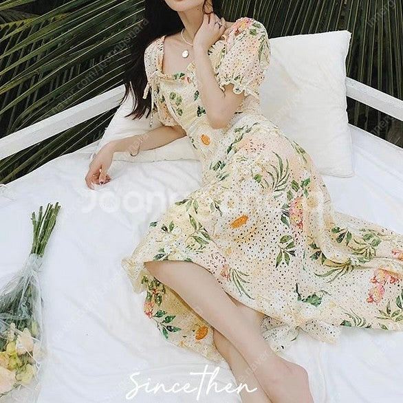 신스덴 펀칭 플로럴 롱원피스 여름휴양지원피스 반팔원피스--0