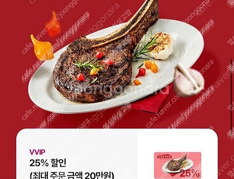 아웃백 25% 할인쿠폰 6000원(주문금액 20만원까지...--0