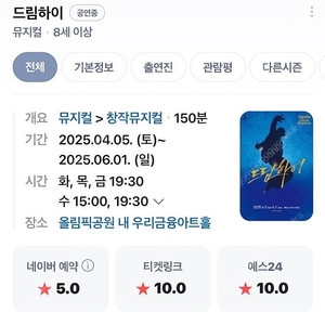 오늘 7:30 뮤지컬 드림하이 vip 초대권 2매