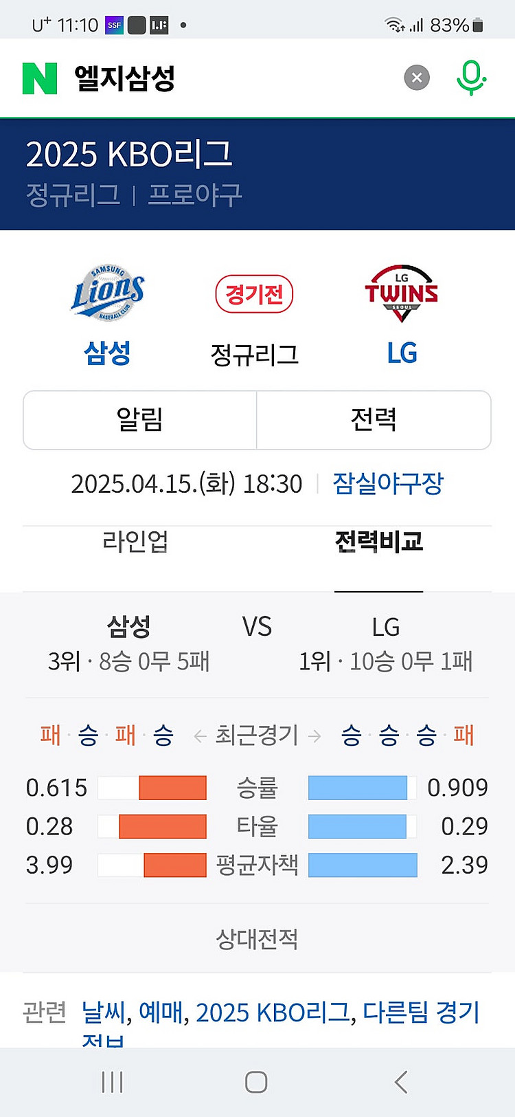 4/15 엘지 삼성 외야 4 연석 ﻿--0