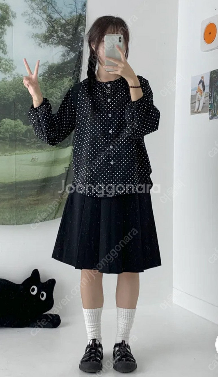 러브앤드팝 시프 도트 블라우스 블랙 땡땡이 y2k 빈티...--1