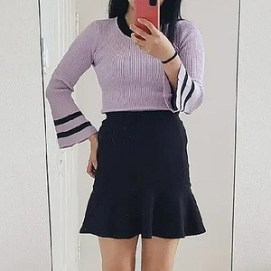 퍼플 슬림핏 나팔소매 골지티