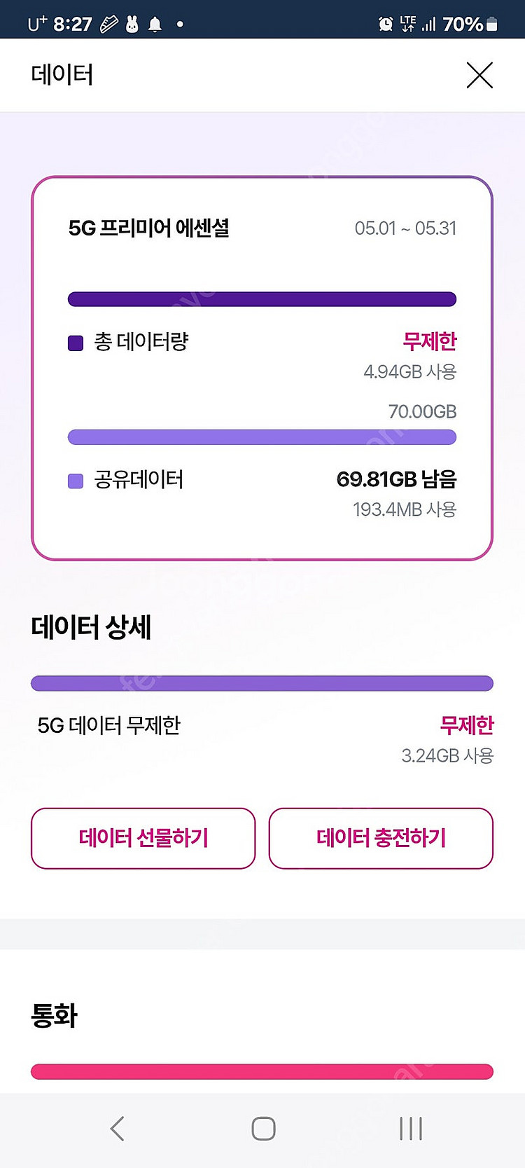 LGU+ 데이터 2기가 2500원에 팜니다--0