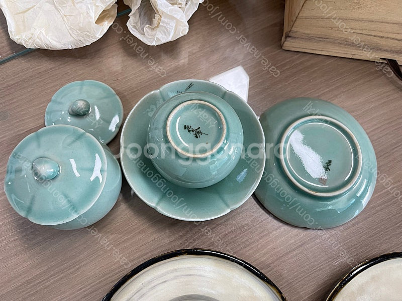 80년대중반 작품, 석봉 청자다완 2개 1조, 수제 도...--1