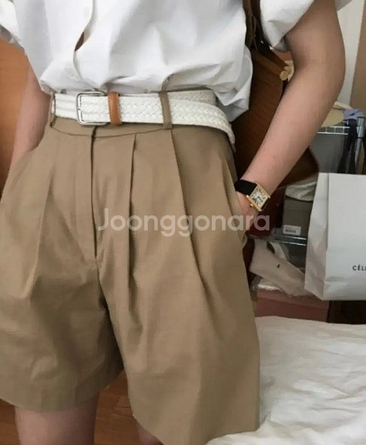 모네 핀턱 하프 쇼츠 팬츠 반바지 리본빛 S 올드머니룩...--0