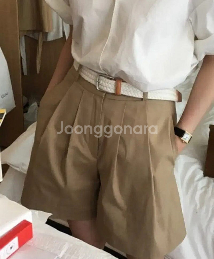 모네 핀턱 하프 쇼츠 팬츠 반바지 리본빛 S 올드머니룩...--2