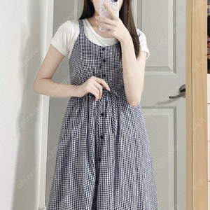새상품) 고방체크 롱원피스 뷔스티에 리본 스트링 나시 버튼 빈티지 러블리 모리룩