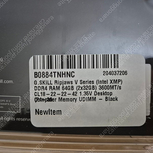 G.SKILL Ripjaws V 시리즈 (인텔 XMP) DDR4 RAM 64GB (32GB 2개) 3600MT/s 팝니다.