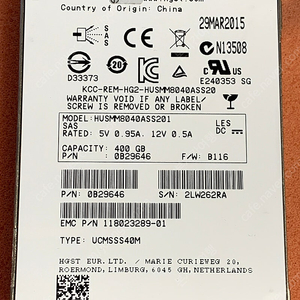 Dell/HP 서버용 SAS SSD HGST 12G 400GB HUSMM8040ASS201