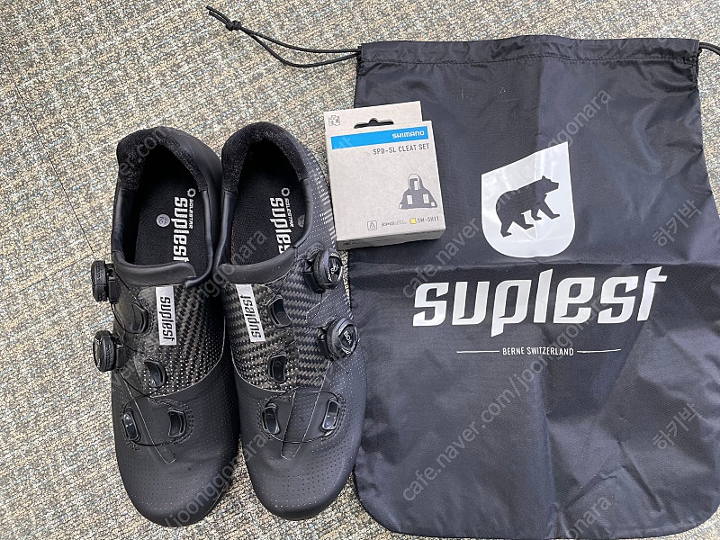 (스위스 명품)SUPLEST 서플레스트 클릿슈즈 로드 프로 카본 블랙/실버 42”( 265mm) 시마노 노랑클릿( 미사용)포함 판매해요.