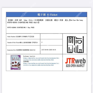 오사카,교토 게이한패스 1일권(4인)