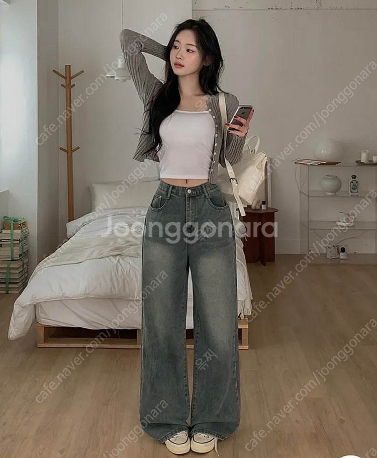 로킷 데님 와이드핏 롱 워싱 데님 팬츠 빈티지블루--0