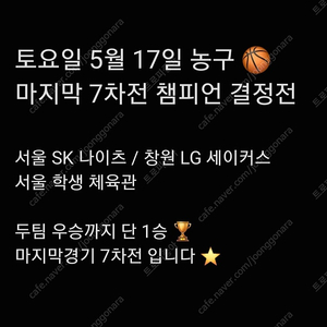 토요일 5월 17일 챔피언 결정전 7차전 농구 서울 SK 나이츠 창원 LG 세이커스 2연석 4연석 티켓 SK LG 프로 농구 챔결 7차전 티켓 양도