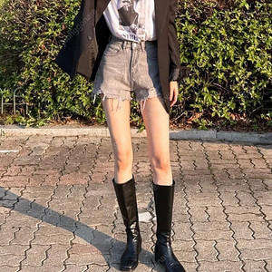 컷팅 데님 하이웨스트 청반바지 그레이