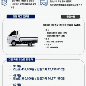 [소형화물][카고]더뉴봉고3 1.0톤/킹캡/초장축 (3인승 /1톤) 2023 년 경유 중고 중고차 전액할부☆중고차리스☆중고차수출