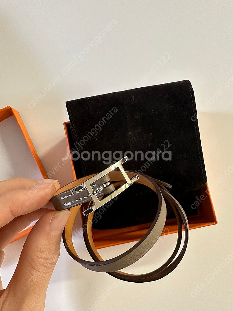 에르메스 은장 에토프 가죽 팔찌--0