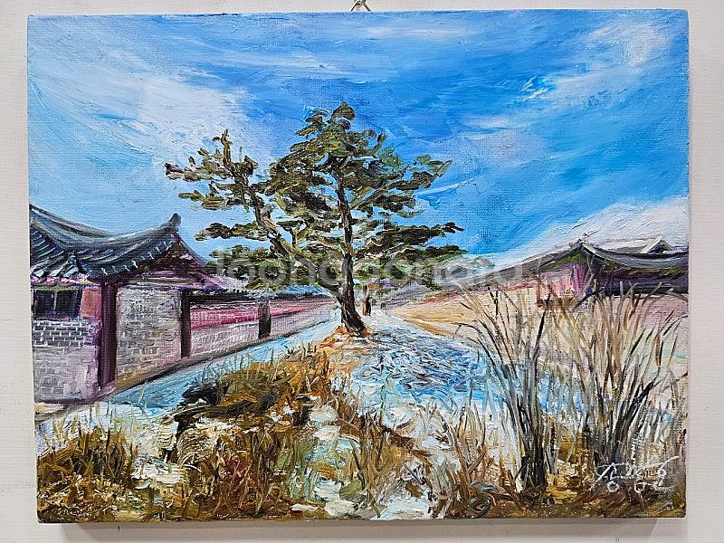(원화) 6호 캔버스 유화그림 일산 경복궁 후원길 석양...--0