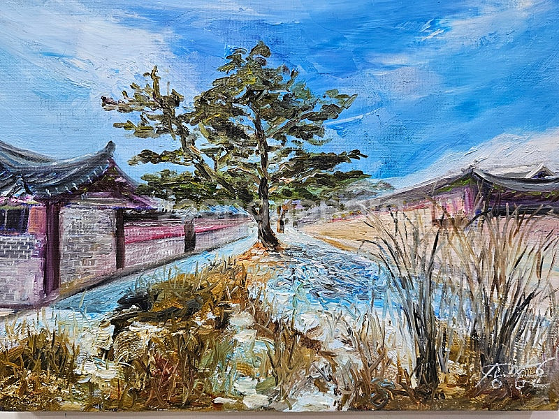 (원화) 6호 캔버스 유화그림 일산 경복궁 후원길 석양...--1