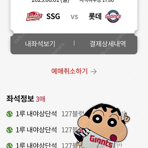 롯데자이언츠 6월1일(일) 1루내야상단 3연석