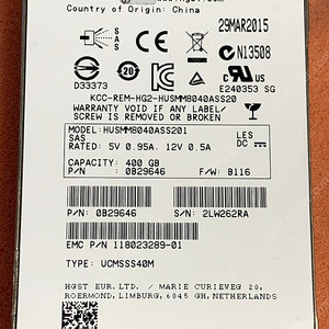 Dell/HP 서버용 SAS SSD HGST 12G 400GB HUSMM8040ASS201