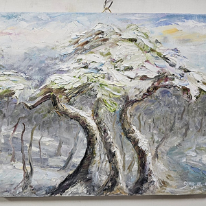 (원화) 6호 캔버스 유화그림 눈 쌓인 소나무 숲 풍경 서양화